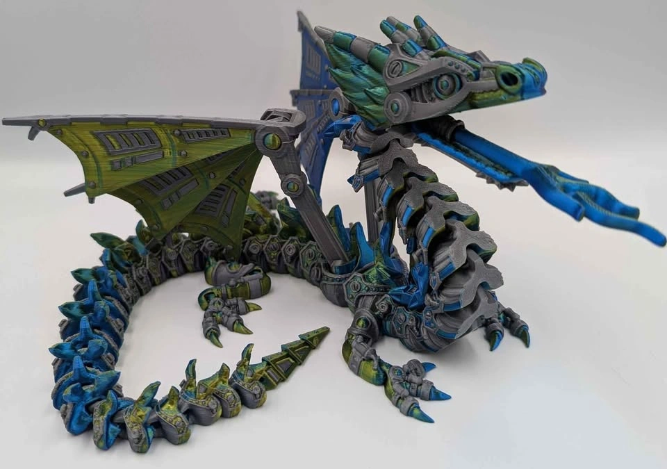 Mech dragon with wings and flame