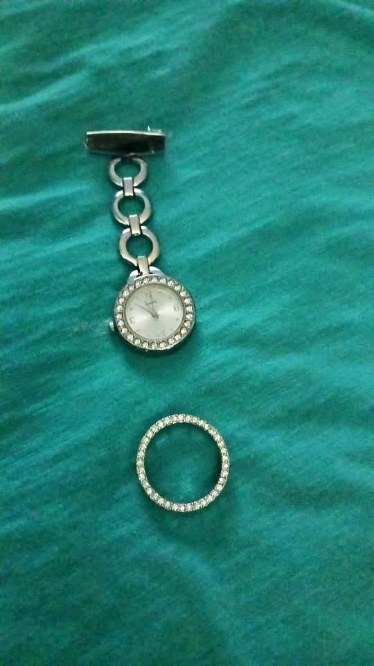 Watch pin and round necklace pendant with faux diamonds