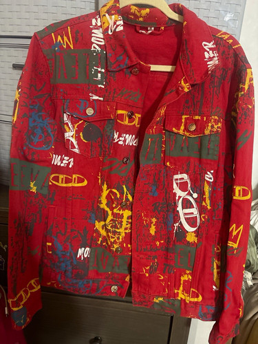 Shein Men's Red Graphic Print Denim Jacket Button Front Pockets