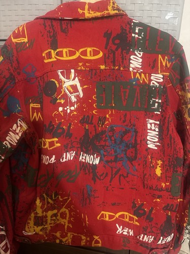 Shein Men's Red Graphic Print Denim Jacket Button Front Pockets - photo 2