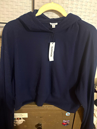 Garage Eco Women's Navy Blue Pullover Hoodie M Stretch Logo Knit