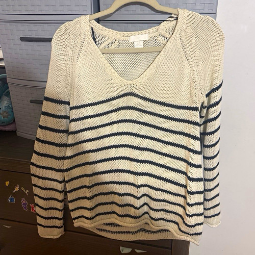 H&M Women's XS Beige/Black Striped V-Neck Knit Sweater