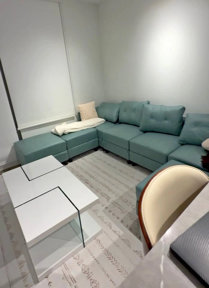7 Seater Aqua Blue Leather Modular Sectional Sofa with Ottoman