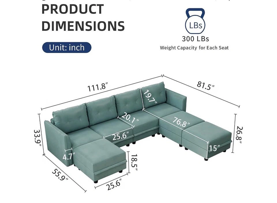 7 Seater Aqua Blue Leather Modular Sectional Sofa with Ottoman - photo 3