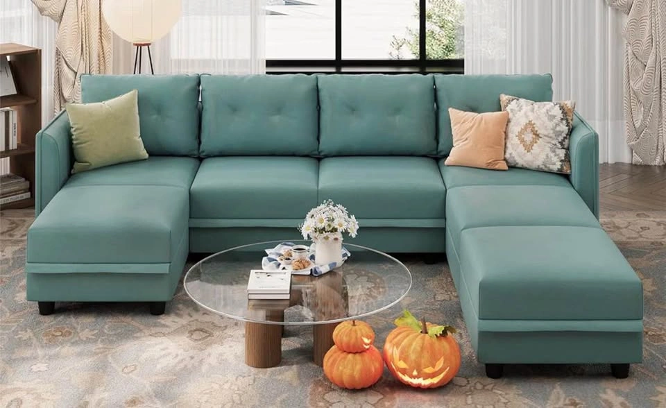 7 Seater Aqua Blue Leather Modular Sectional Sofa with Ottoman - photo 4