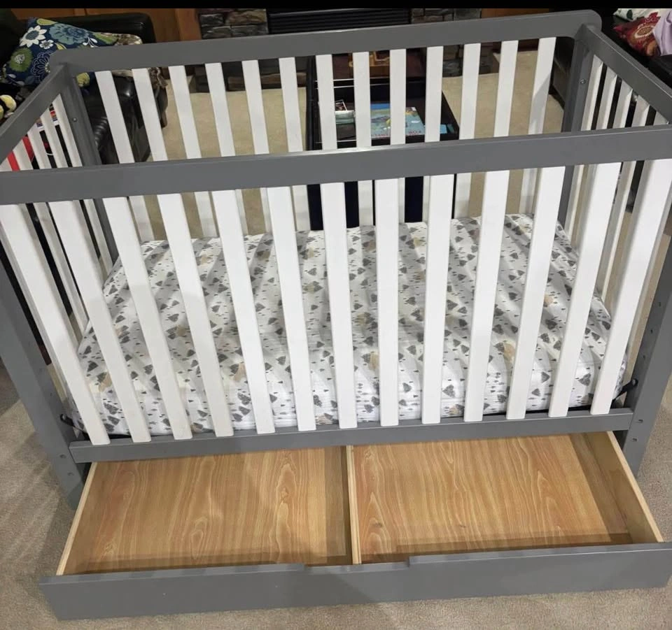 Gray and White Baby Crib with Storage Drawer - photo 2