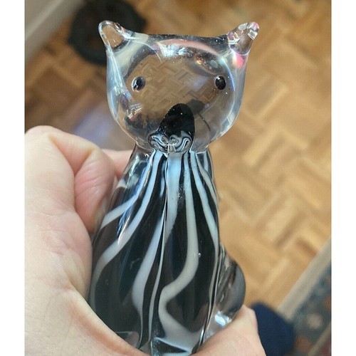 Vintage crystal art glass cat figurine, black and white stripes