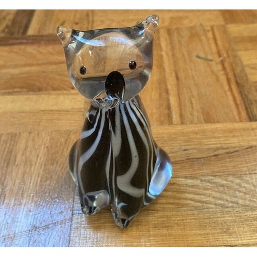 Vintage crystal art glass cat figurine, black and white stripes - photo 3