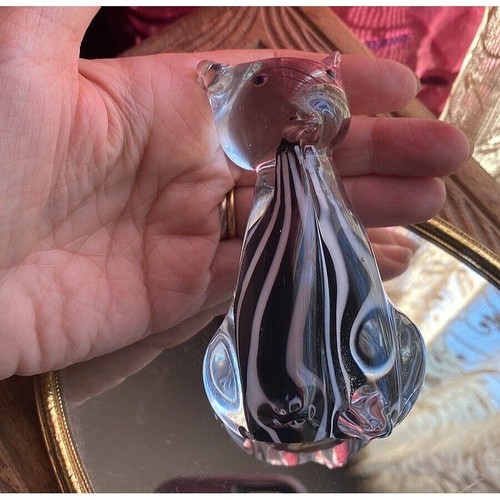 Vintage crystal art glass cat figurine, black and white stripes - photo 4