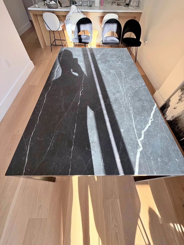 Crate & Barrel Black Marble Parson Dining Table: 72 x 42 x 30 in