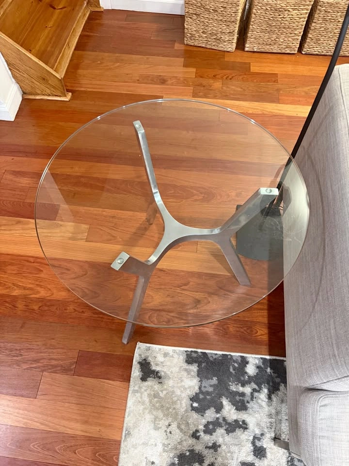 Crate and Barrel - Round Glass Top Side Table with Brushed Metal