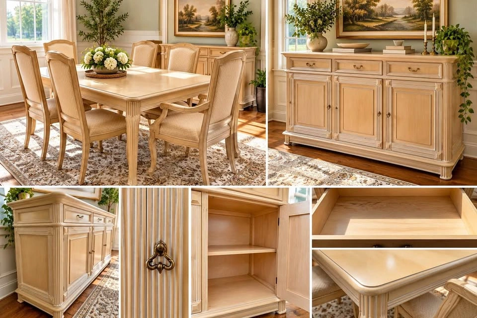 Solid Wood French Provincial Dining Set – Table, 6 Chairs & Buff