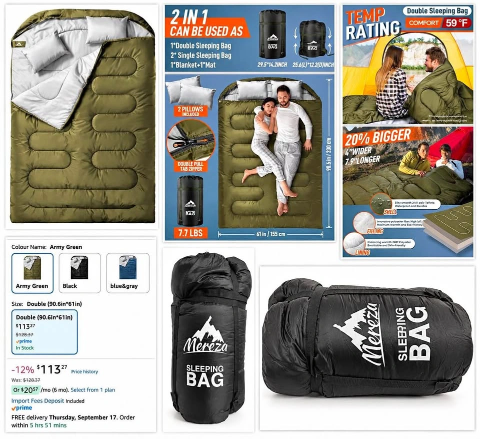 MEREZA Double Sleeping Bag – Army Green