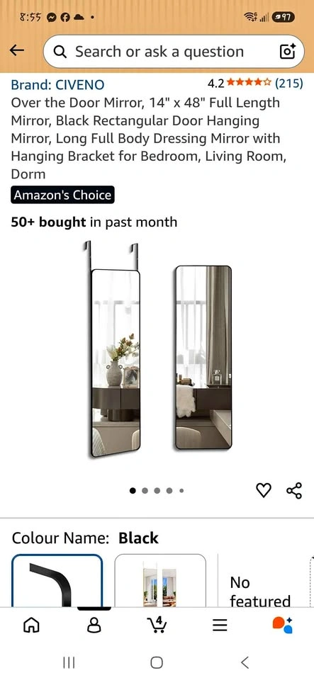 Over the Door Mirror, 14" x 48" Full Length Mirror