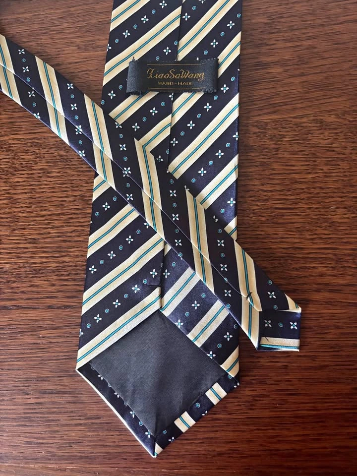 LiaoSaWang Vintage Navy and Teal Multi Stripe Silk Tie 4-Inch