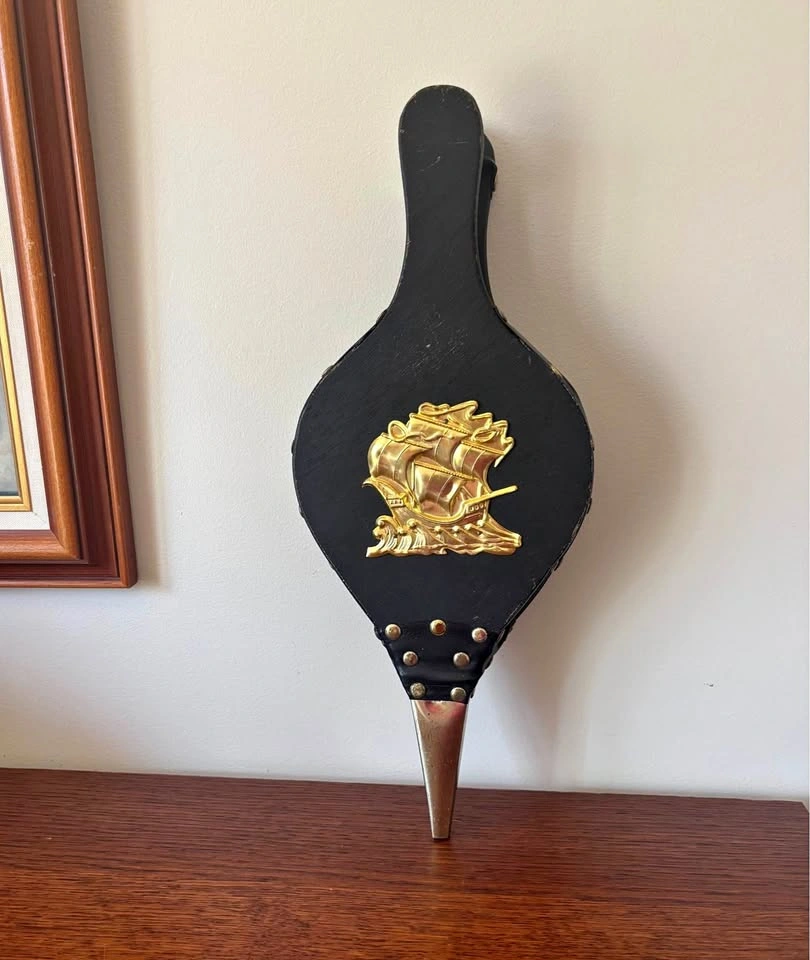 Vintage Wood Vinyl Fireplace Bellows Embossed Brass Ship