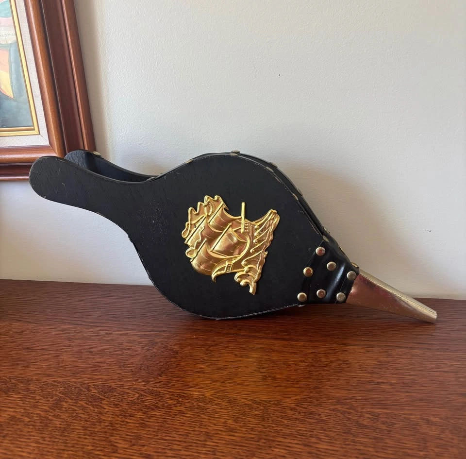 Vintage Wood Vinyl Fireplace Bellows Embossed Brass Ship - photo 2