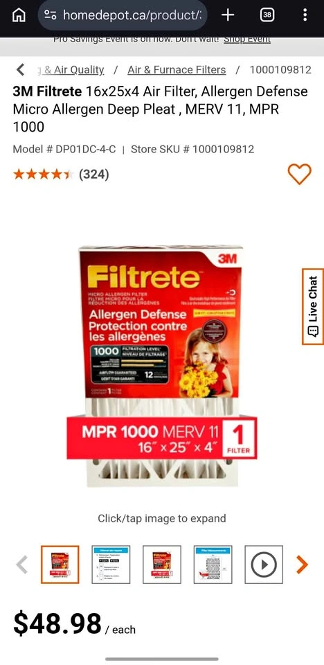 3M Filtrete 16x25x4 Air Filter Allergen Defense MPR 1000 MERV 11