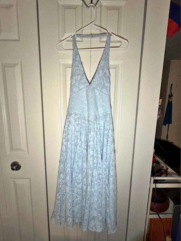 House of CB, Arietta Bluebell Floral Jacquard Halter Midi Dress