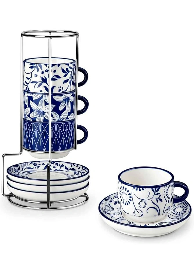 Blue and White Floral Espresso Cup and Saucer Set with Stacking