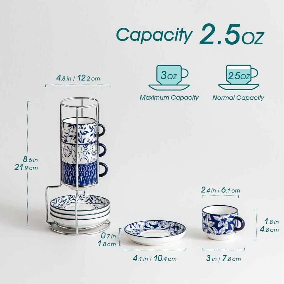 Blue and White Floral Espresso Cup and Saucer Set with Stacking - photo 2
