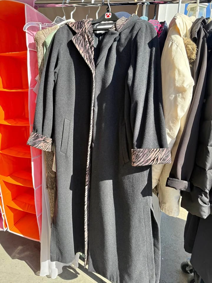 Long Grey Hooded Coat with Zebra Print Lining