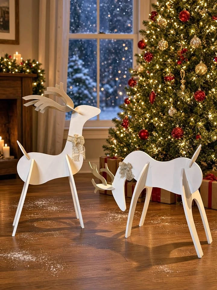 Christmas Decor Bundle – 2 White Wooden Reindeer + Large Wreath
