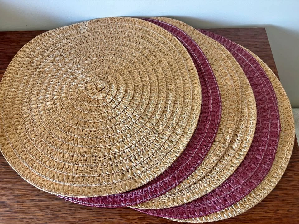 Woven Spiral Round Placemats Natural Tan and Burgundy Set of 6