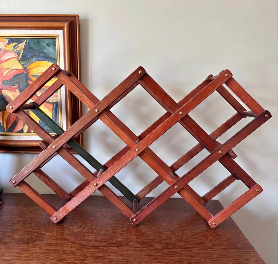 Vintage Mid-Century Modern Accordion Folding Wooden Wine Rack