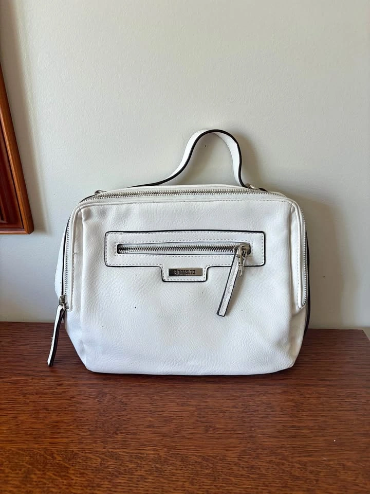 Roots 73 Double Zip Faux Leather Crossbody Camera Bag Ivory Whit