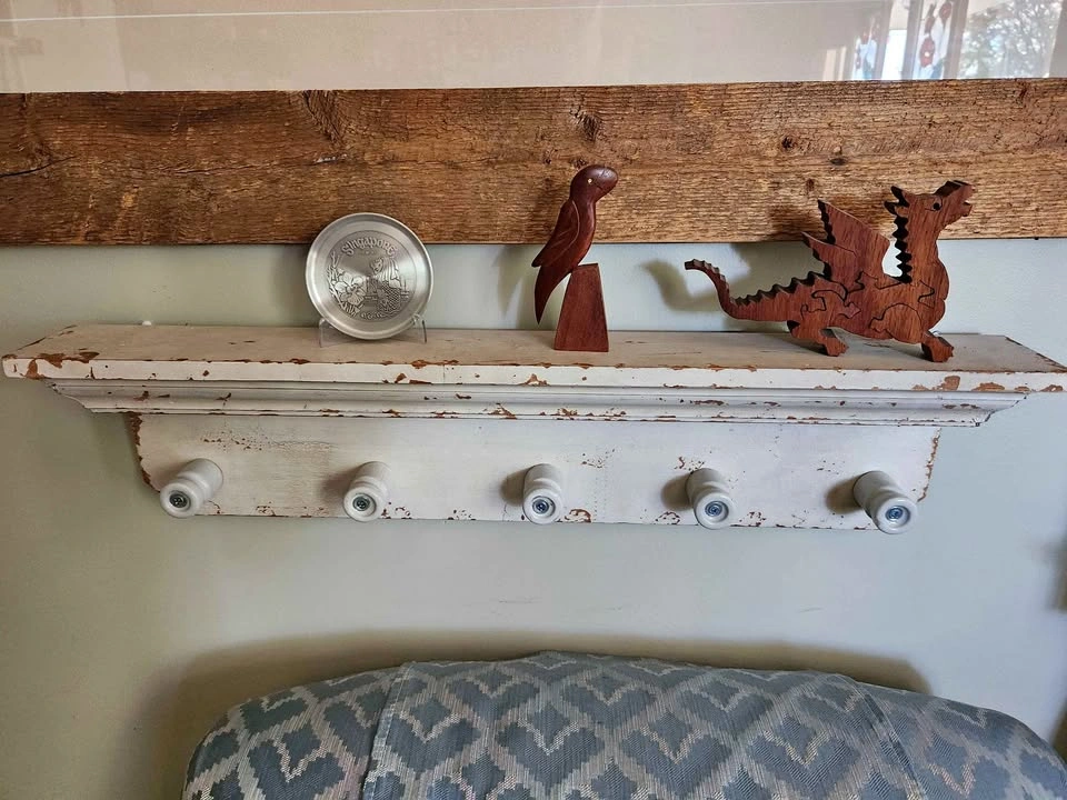 Distressed White Wooden Wall Shelf with Hooks