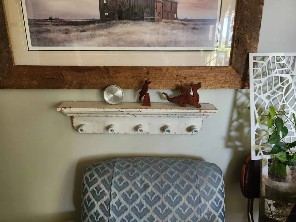 Distressed White Wooden Wall Shelf with Hooks - photo 2