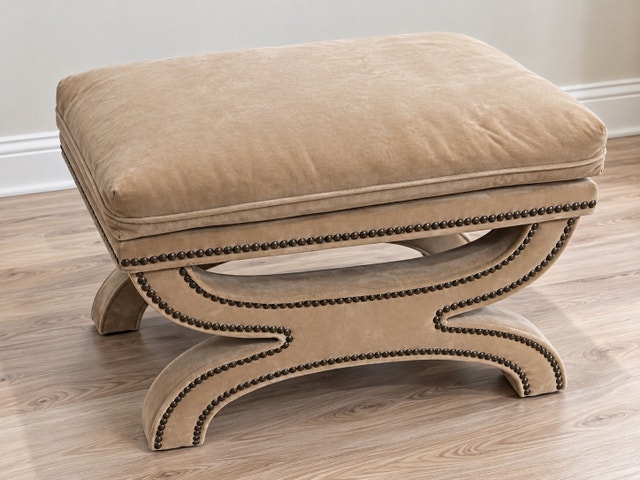 Beige Upholstered Ottoman / Bench with Nailhead Trim