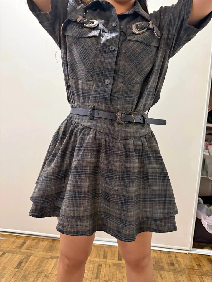Plaid 2-Piece Shirt & Skirt Set with Belt – Size M