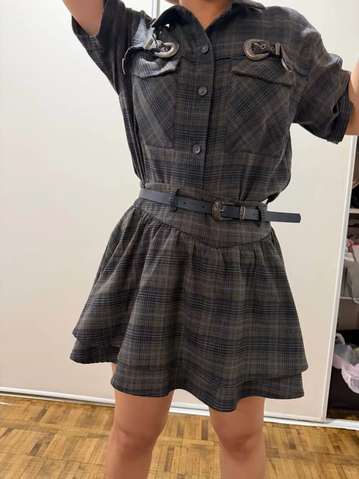 Plaid 2-Piece Shirt & Skirt Set with Belt – Size M - photo 3