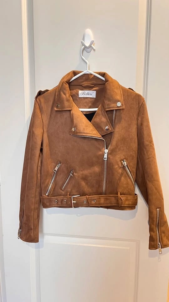 🤎 Brown Faux Suede Moto Jacket – Size L - photo 2