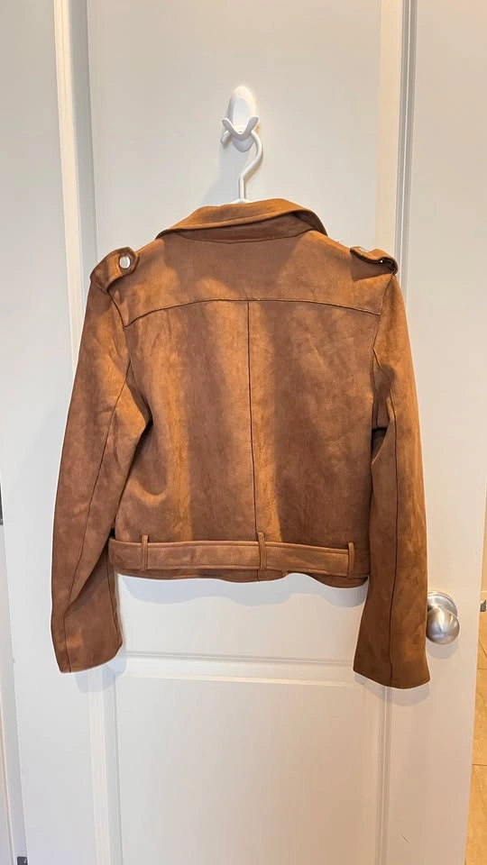 🤎 Brown Faux Suede Moto Jacket – Size L - photo 3
