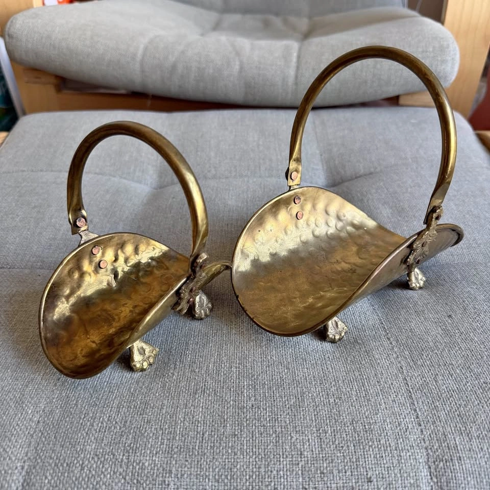 Vintage Miniature Brass Coal Scuttles Pair – Hammered Log Holder