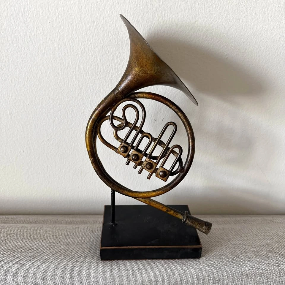 French Horn Metal Sculpture on Stand – Musical Desk & Shelf Deco
