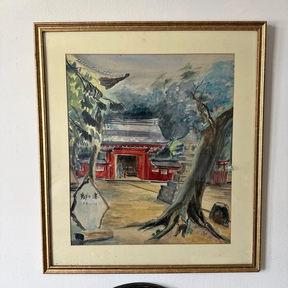 Vintage Japanese Watercolor Painting – Shinto Shrine Courtyard