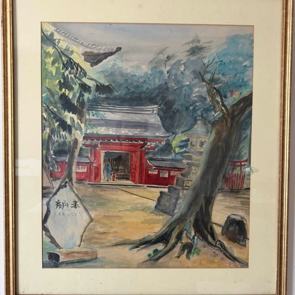 Vintage Japanese Watercolor Painting – Shinto Shrine Courtyard - photo 2