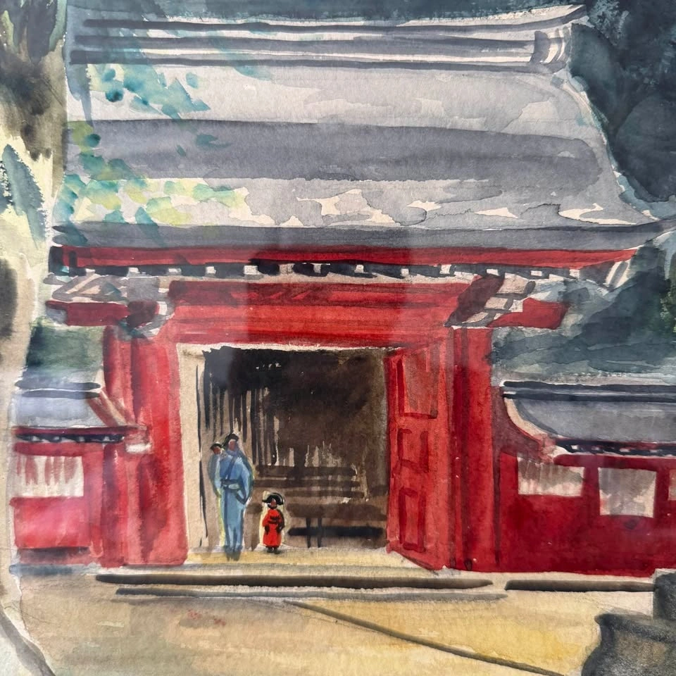 Vintage Japanese Watercolor Painting – Shinto Shrine Courtyard - photo 3