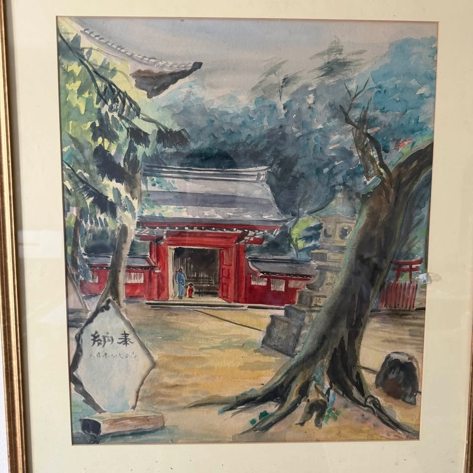 Vintage Japanese Watercolor Painting – Shinto Shrine Courtyard - photo 4