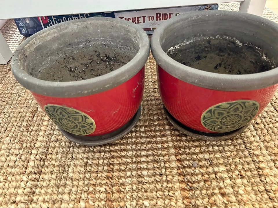 Pair of Red 8x9“ Ceramic Planters with Medallion
