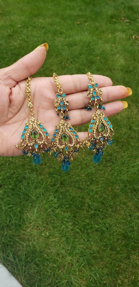 Gold & Blue 5 Piece Indian Jewelry Set - photo 4
