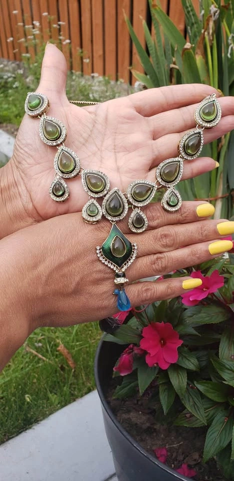 Green Sabyasachi Teardrop Necklace and Earrings Set - photo 3