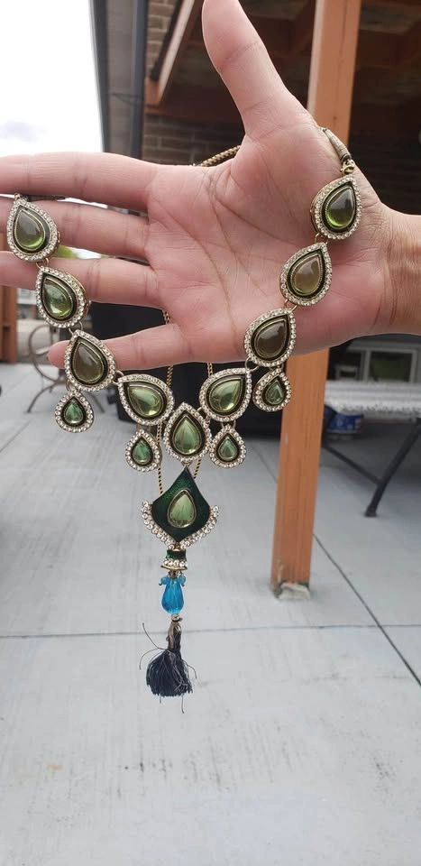 Green Sabyasachi Teardrop Necklace and Earrings Set - photo 5