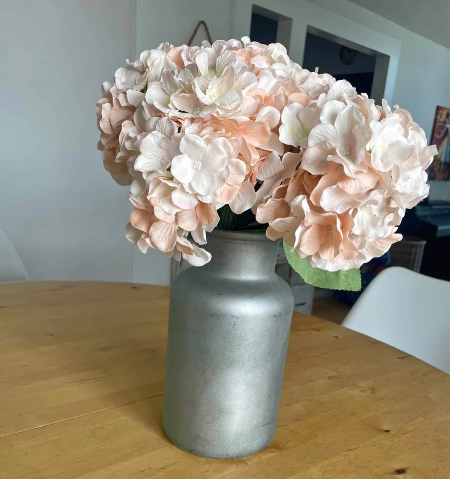 Gorgeous Fake hydrangeas in silver vase