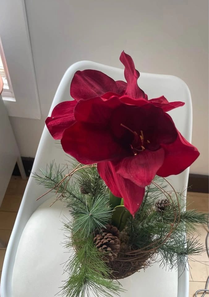 Beautiful fake amaryllis in pot with decor - photo 3