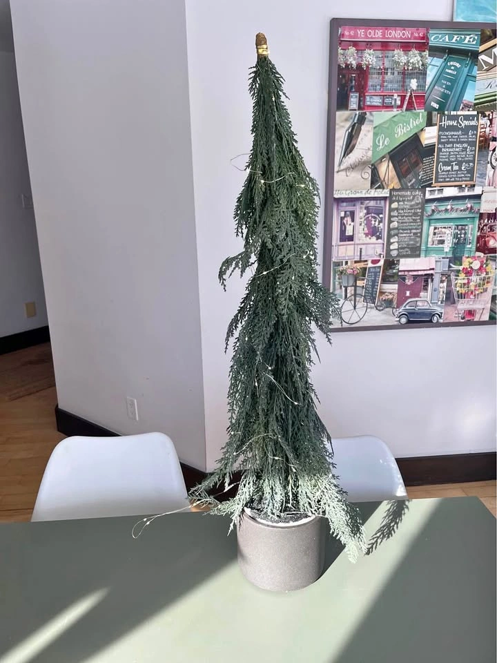 30” fake conifer tree in planter with fairy lights